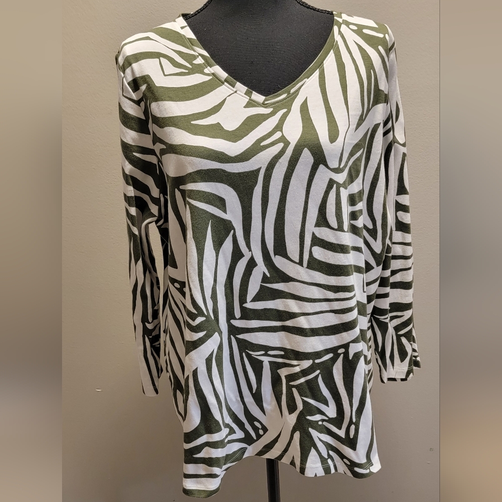Kim Rogers Olive and White Abstract Blouse